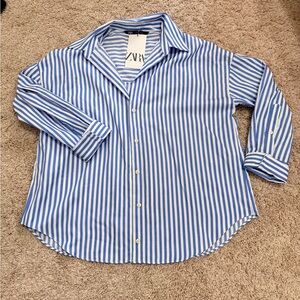 NWT ZARA Blue White Striped Poplin Shirt Size S